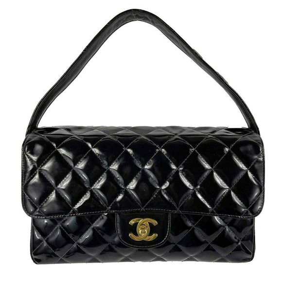 CHANEL Handbags - CHANEL - VTG 1996 Medium Black Top Handle Kelly Medium Flap Bag - Patent Leather